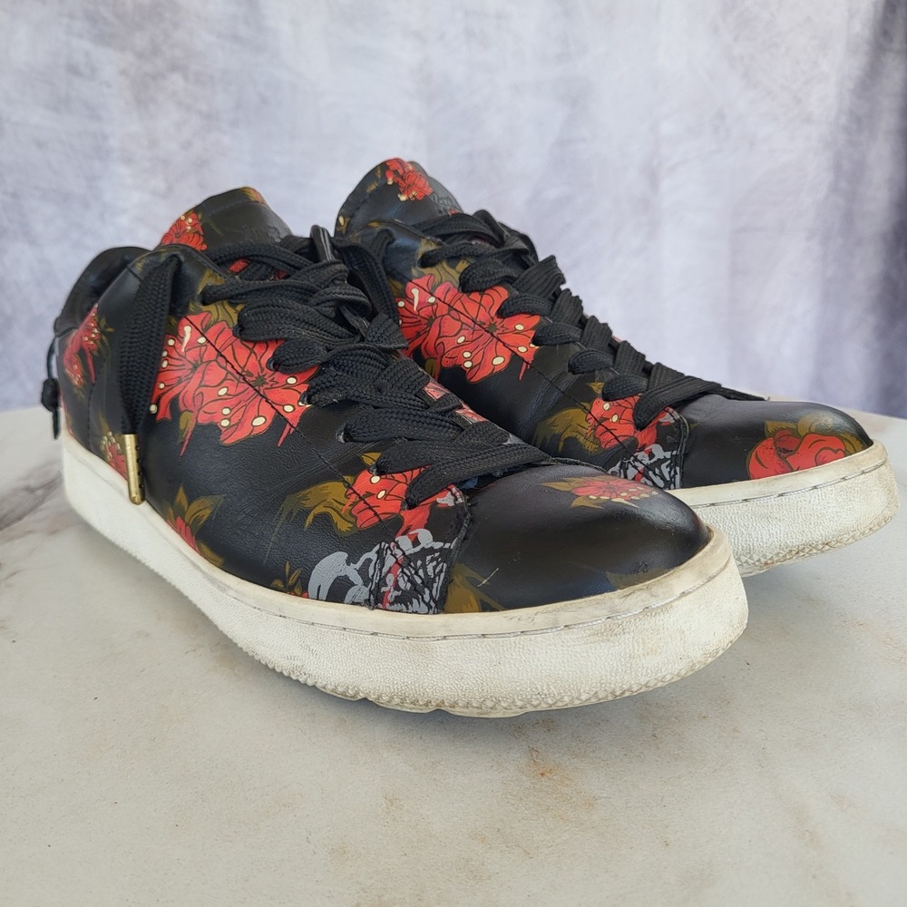 Coach x BASEMAN Wild Lily Black Red Flower Leather Sneakers Men's Size 9.5